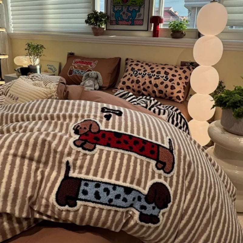 Coffee Striped Cotton Four-piece Sanded Bedsheet Set