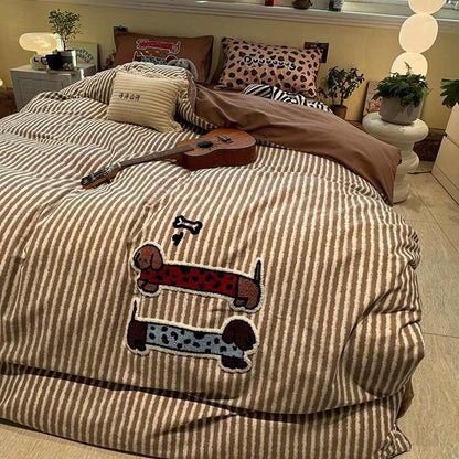 Coffee Striped Cotton Four-piece Sanded Bedsheet Set