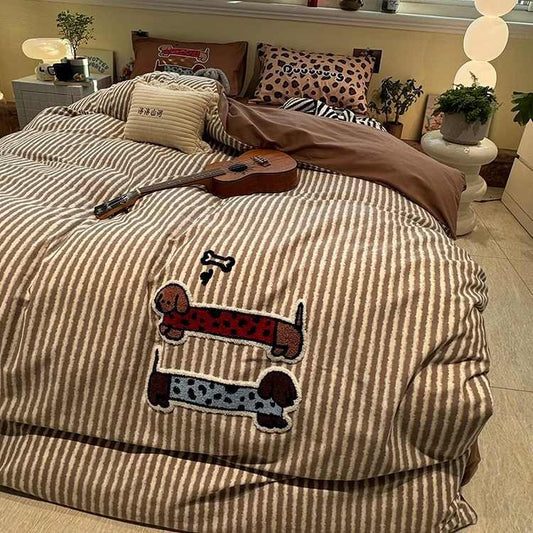 Coffee Striped Cotton Four-piece Sanded Bedsheet Set