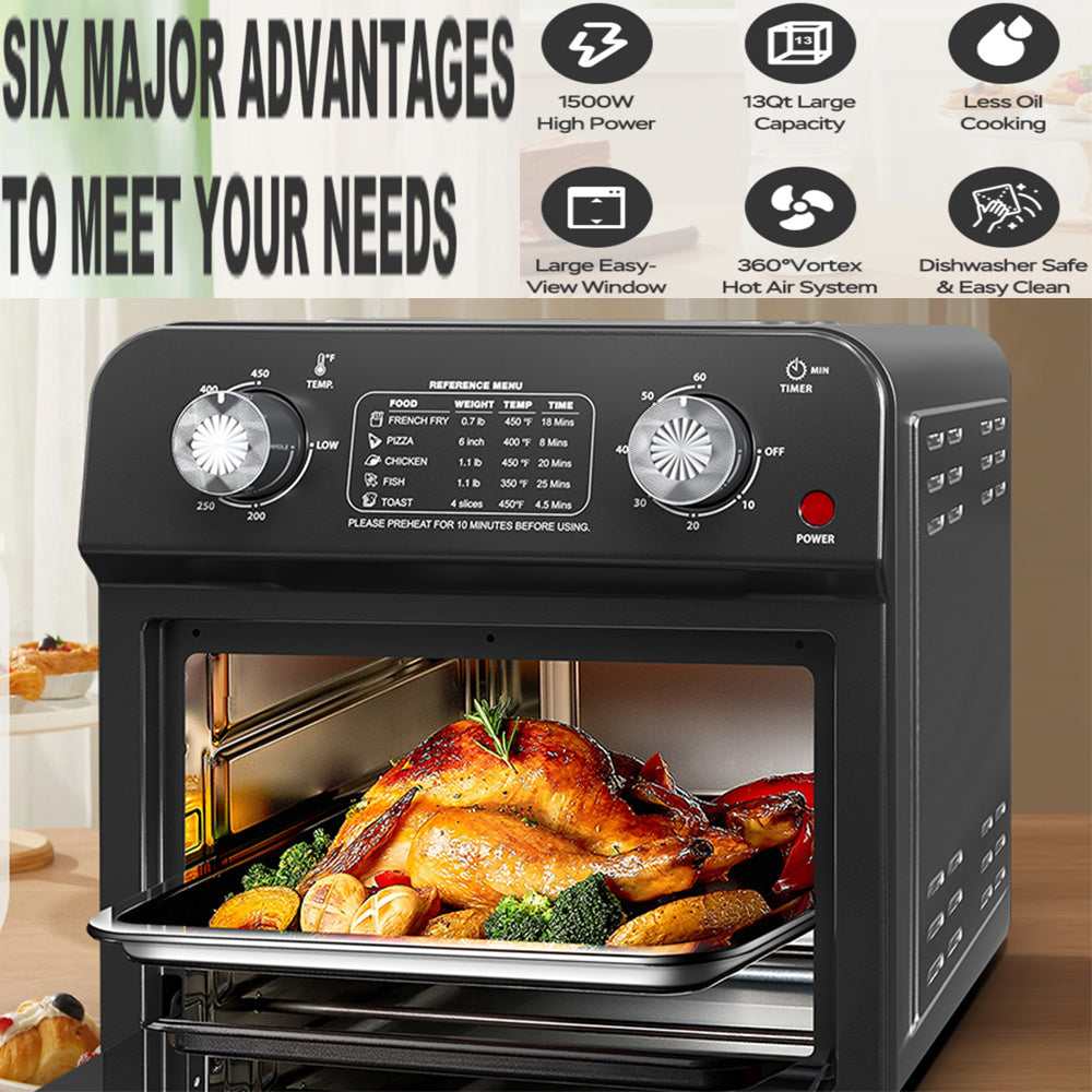 12.5 Qt Air Fryer With Dual Knob Control, Temperature Range, 60-Min Timer, Presets For French Fries, Pizza, Chicken, Fish, And Toast Healthy Oil-Free Cooking Oven