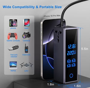 محول طاقة للسيارة بقدرة 300 واط - محول شحن سريع مزود بمنفذي شحن من النوع C بتقنية PD، ومنفذ USB بتقنية QC 3.0، ومقبس تيار متردد